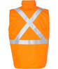 A bright orange reversible safety vest featuring an X-pattern of silver reflective tape on the back.