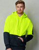 A bright yellow and navy two-tone kangaroo pocket hoodie with a hood and a logo on the sleeve.