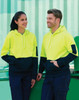 Hi-Vis two-tone kangaroo pocket hoodie in bright yellow with navy accents, featuring branding on the sleeve.