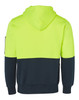 A Hi-Vis two-tone hoodie in fluorescent yellow and navy, featuring a hood and kangaroo pocket, with a logo on the sleeve.