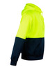 A high-visibility two-tone hoodie featuring a bright yellow upper and a navy blue lower section, with a kangaroo pocket and a logo.