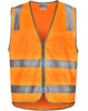 An orange safety vest with reflective silver strips and a front pocket, featuring a zip closure.
