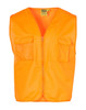 An orange Hi-Vis safety vest featuring two front pockets and a zip closure, with a logo displayed.