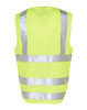 A bright yellow safety vest featuring reflective silver tapes and an ID pocket on the back.
