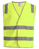 A bright yellow safety vest featuring grey shoulder reflective tapes and a front opening. It includes a logo on the label.