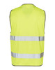 A bright yellow safety vest with reflective tapes along the front and back, featuring a simple design and no sleeves.