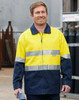 A Hi-Vis two-tone work jacket in yellow and navy with reflective 3M tapes, featuring a logo on the chest.