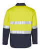 A hi-vis two-tone work jacket in bright yellow and navy, featuring reflective 3M tape for safety. It has a logo.