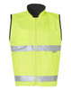A fluorescent yellow reversible safety vest with a mandarine collar and reflective 3M tape detailing, featuring a pocket.