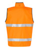 A safety vest in bright orange with reflective silver strips, featuring a reversible mandarine collar and branding.