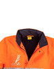 Hi-Vis long line safety jacket in bright orange with reflective 3M tape accents and a dark collar. Features a logo.