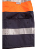 A hi-vis long line safety jacket in orange and navy, featuring reflective 3M tapes and a front pocket with buttons.