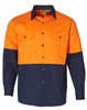 A long-sleeve work shirt in orange and navy blue, featuring a logo and two chest pockets.