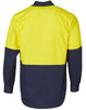 A Hi-Vis long sleeve cotton drill shirt in yellow and navy with a logo. Perfect for workwear.