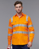An orange work shirt with reflective silver stripes, featuring two chest pockets and a logo on the front.