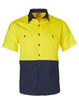 A short-sleeved work shirt featuring a high-visibility yellow upper and navy blue lower section, with two front pockets.