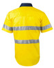 A bright yellow short-sleeved safety shirt with reflective silver stripes and a navy collar, featuring a logo.