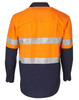A long-sleeve safety shirt featuring orange and navy colours, with reflective 3M tape stripes and a branded logo.