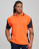 A bright orange safety polo shirt with navy accents, featuring a pocket and logo. Ideal for workwear.