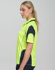 A high-visibility polo shirt in bright yellow with navy accents, featuring a logo on the chest.