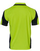 A Hi-Vis polo shirt in bright green with navy accents, featuring a logo on the back.