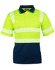 A high-visibility short-sleeve safety polo in neon yellow with navy sections and reflective stripes, featuring a pocket and a logo.
