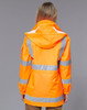 A bright orange safety jacket with reflective silver stripes, featuring a hood and a back view.