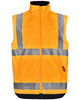 A reversible safety vest in bright orange with reflective stripes and a high collar, featuring two side pockets and a logo.
