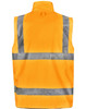 An orange safety jacket featuring grey reflective strips, with a logo on the back.