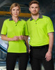 A vibrant hi-vis yellow polo shirt with grey accents, featuring a pocket, modelled by a male and female duo.