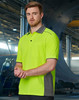 A bright yellow and grey short-sleeve polo shirt with a pocket, designed for workwear applications.
