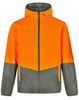 A quilted safety jacket featuring a vibrant orange and olive green two-tone design, with a hood and zippered front.