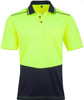 A bright yellow and navy blue unisex short-sleeve polo shirt with a chest pocket and contrasting collar. It features a logo.