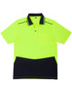 A unisex short-sleeve polo shirt in high-visibility yellow and navy, featuring a pocket and a logo.