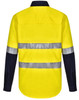 A Hi-Vis long-sleeve safety shirt in yellow with navy sleeves and reflective tape. Features a logo.