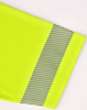 A bright yellow polo shirt featuring grey segmented stripes along the sleeve. It includes a logo.