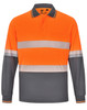 Unisex long-sleeve polo shirt in bright orange and grey, featuring reflective stripes and a pocket. Includes a logo.
