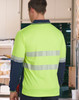 A bright yellow and navy long-sleeve polo shirt with reflective stripes, featuring a logo on the front.