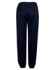 Fleecy navy trackpants with cuffs, knee padding, and an elastic waistband, featuring a logo.