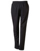 Black adult track pants with an elastic waistband and side pockets. Features a logo on the garment.