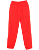 Red track pants with an elastic waistband and ankle cuffs, featuring a single pocket and a logo.