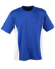 A blue short sleeve T-shirt with white contrast panels and a branding logo on the tag.