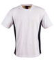 A short sleeve t-shirt in white with black contrast sides. Features a logo on the upper portion.