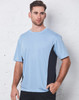 A light blue short sleeve t-shirt with black side panel contrasts, featuring a logo.