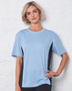 A short sleeve tee in light blue with dark navy side panels, featuring a logo on the front.