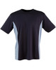 A kids' short-sleeve T-shirt in navy blue with light blue contrast panels, featuring a logo.