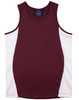 A maroon singlet featuring white contrast mesh panels and a logo on the tag.