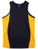 A men's singlet featuring black and orange contrast panels, with a logo on the inside tag.