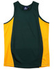 A green and yellow kids' mesh singlet with a logo, featuring contrast panel design.