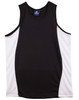 A black and white kid's singlet with contrast mesh panels, featuring a logo on the label.